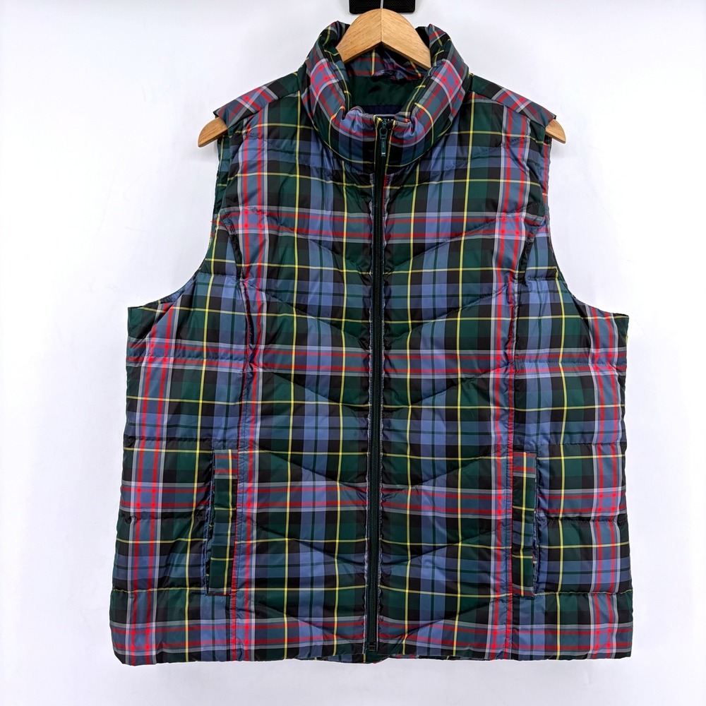 Lands End Womens XL Plaid Down Puffer Vest Green Blue Red Full Zip Quilted